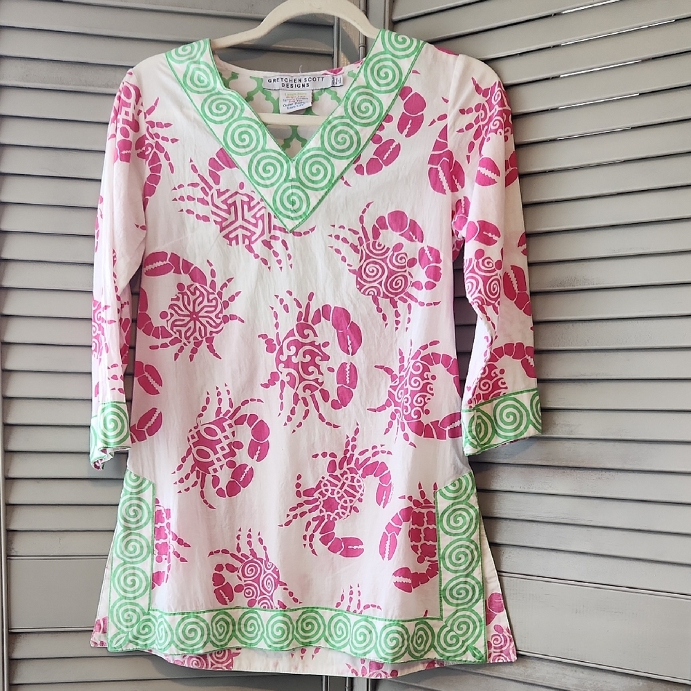 Gretchen Scott Tunic Crab Pattern 100% Cotton Summer Travel Pink & Green